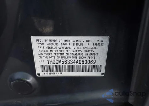 2004 Honda Accord 2.4 Lx из США, поврежденный, VIN 1HGCM56334A080069